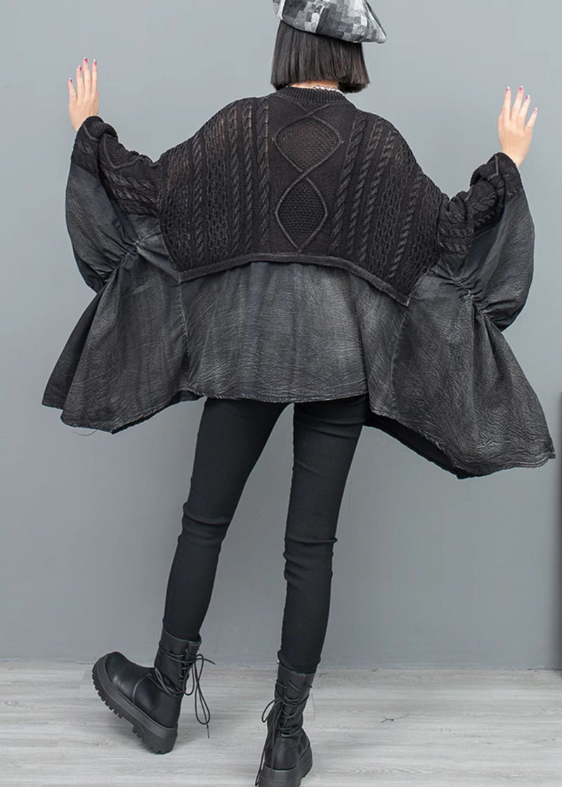 Black V Neck Patchwork Knit Sweater Batwing Sleeve