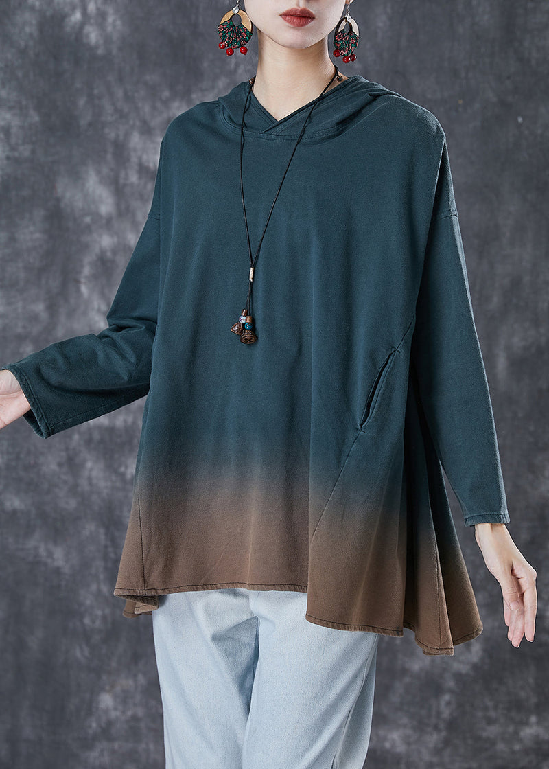 Loose Green Hooded Gradient Color Cotton Sweatshirt Spring