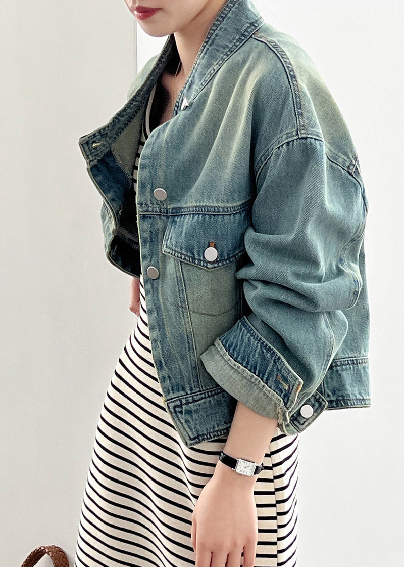 Blue Stand Collar Pockets Denim Short Coat Fall