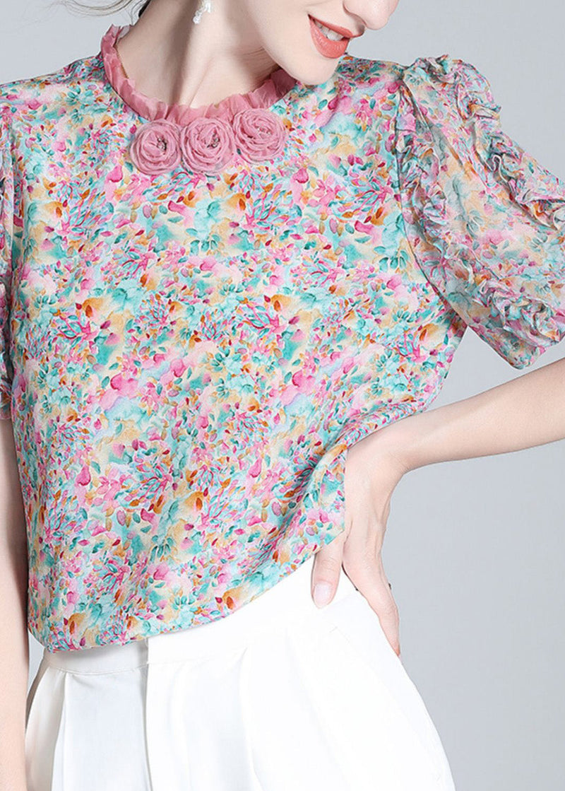 Ruffled Print Button Silk Top Short Sleeve