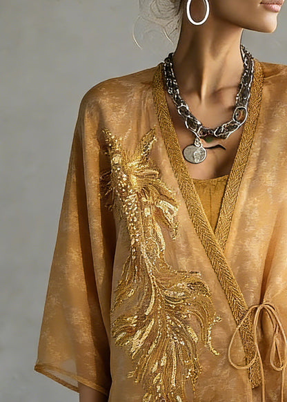Fine Yellow Embroidered Tie Waist Silk Cardigans Three Quarter Sleeve Sleeve Spring