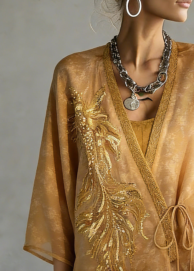 Fine Yellow Embroidered Tie Waist Silk Cardigans Three Quarter Sleeve Sleeve Spring