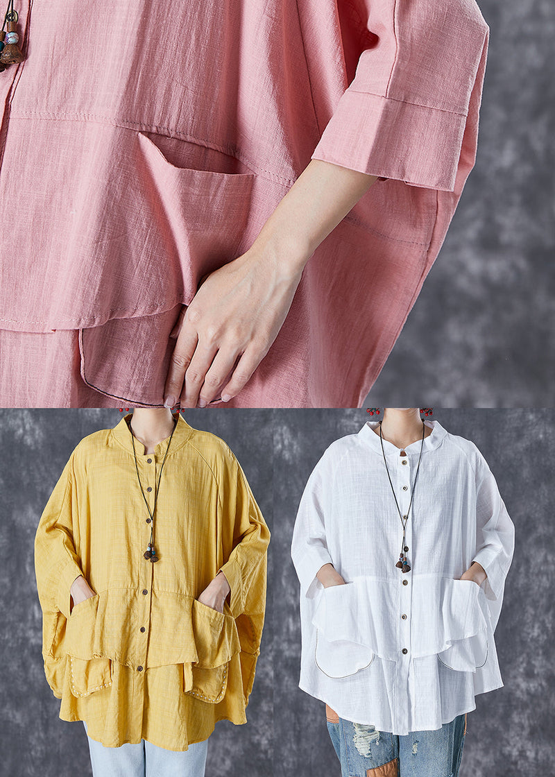 White Stand Collar Patchwork Linen Shirt Tops Batwing Sleeve