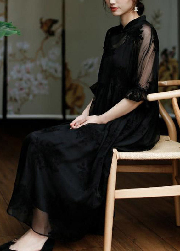 Natural Black Stand Collar Embroideried Button Tulle Long Dress Half Sleeve Summer