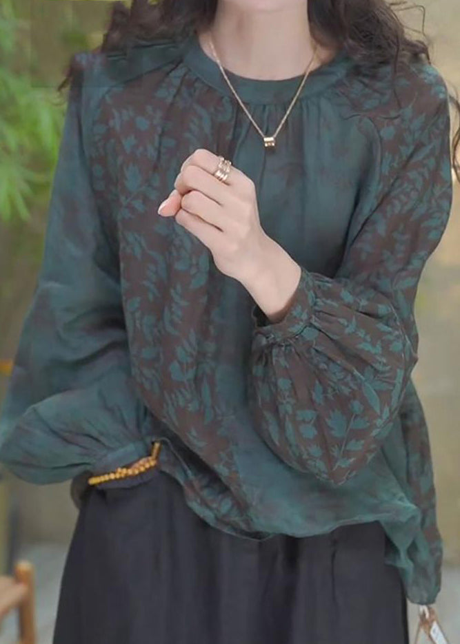 Blackish Green O Neck Print Cotton Top Lantern Sleeve