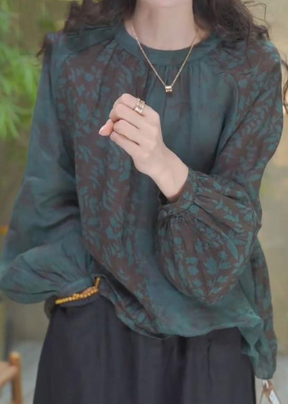 Blackish Green O Neck Print Cotton Top Lantern Sleeve