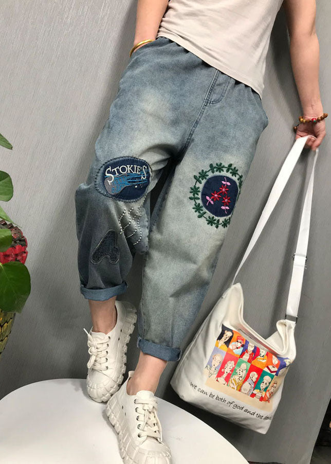 Blue Embroideried Denim Pants Spring