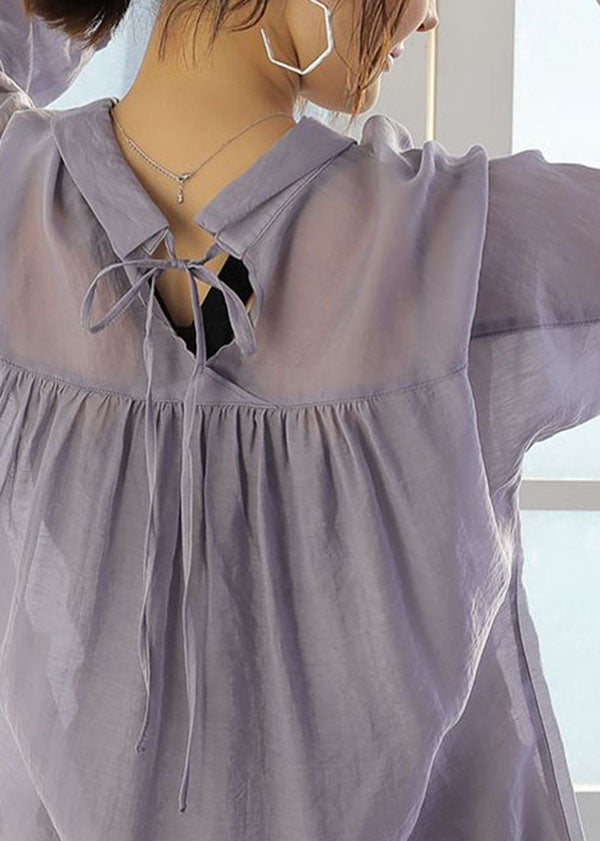 Diy Purple Peter Pan Collar Patchwork Cotton Shirt Top Long Sleeve