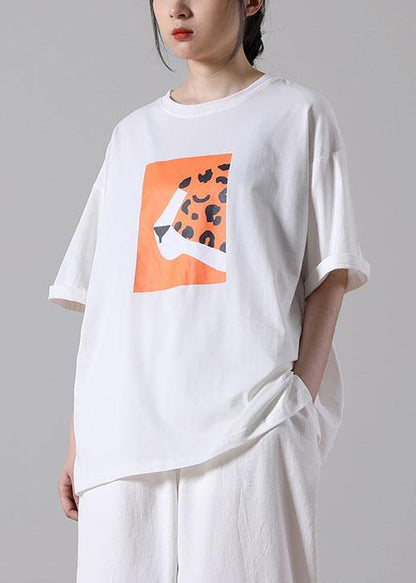 Simple Black Print O-neck Cotton Blouse Tops Short Sleeve Summer