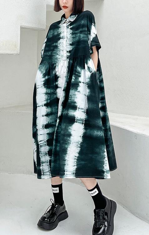Black Tie Dye Cotton Turn-down Collar Summer Long Dresses