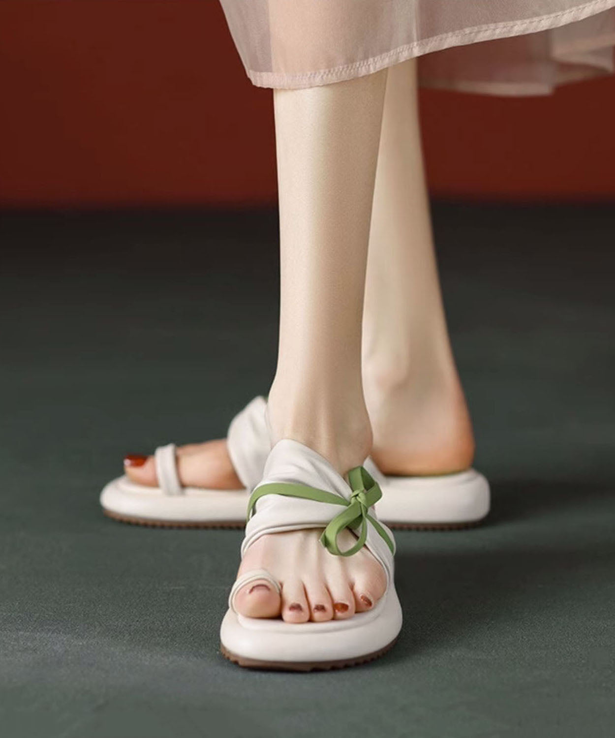 Green Bow Splicing Platform Slide Sandals Peep Toe