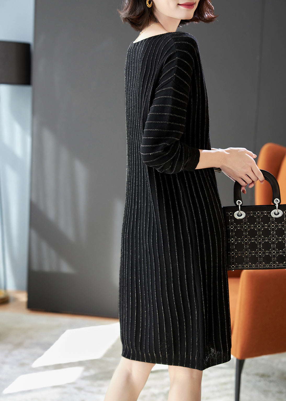 Handmade Black Striped Knit Pullover Dress Spring