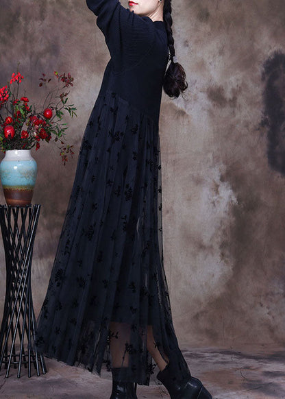 Fitted Black O-neck Lace Patchwork Knit Vacation Dresses Spring