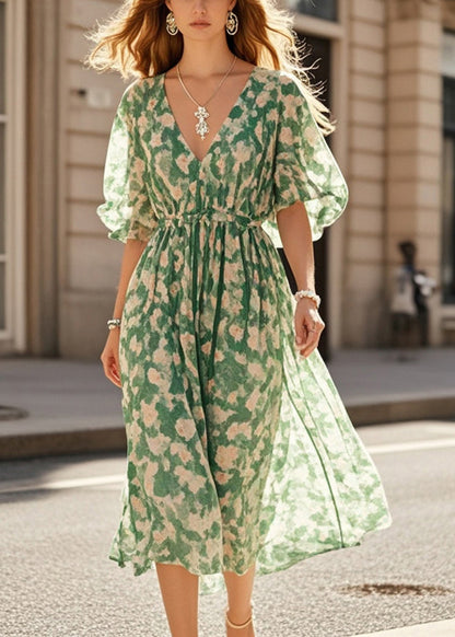 Green Cinched Print Chiffon Robe Dresses Summer