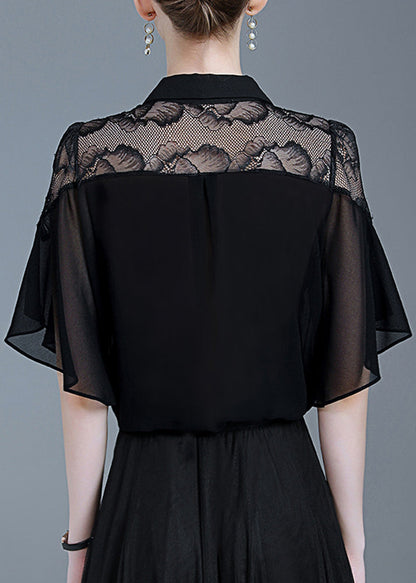 Black Ruffled Lace Patchwork Chiffon Shirt Summer