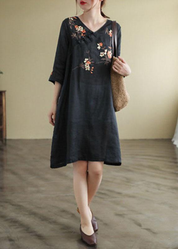 Black V Neck Embroideried Button Three Quarter Sleeve Fall Dresses