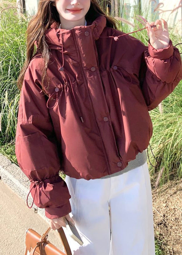 Red Stand Collar Drawstring Duck Down Puffer Jacket Winter