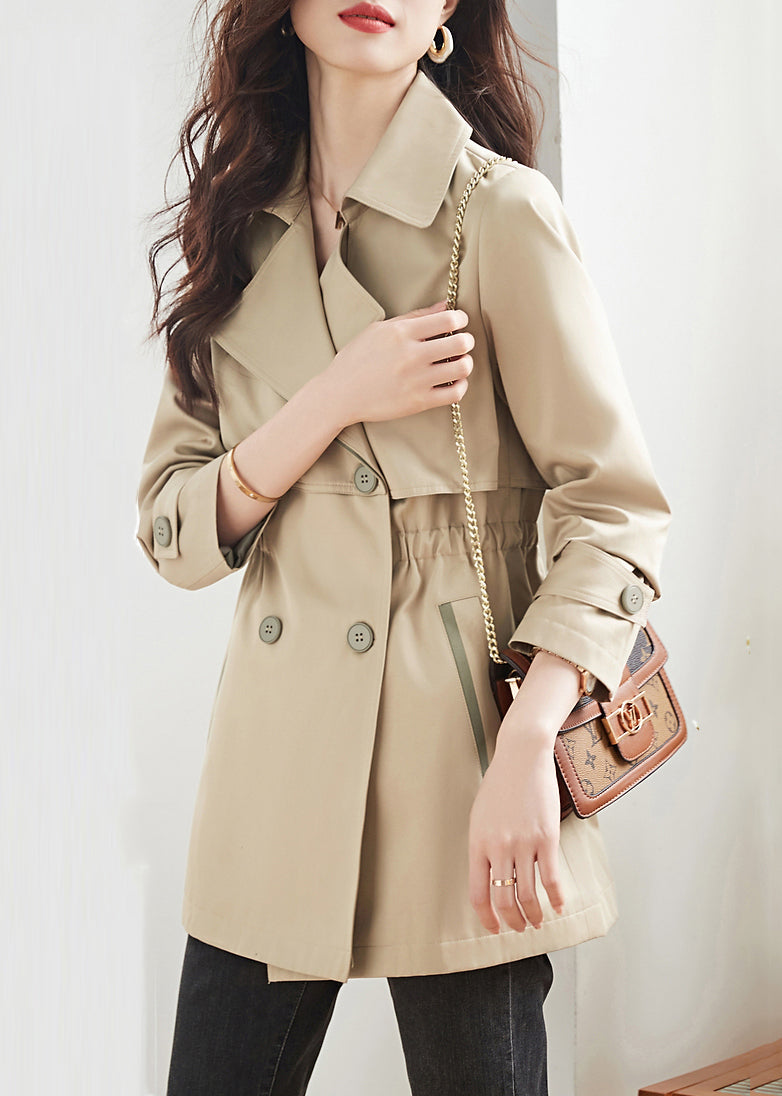 Khaki Double Breast Pockets Patchwork Cotton Trench Coats Fall