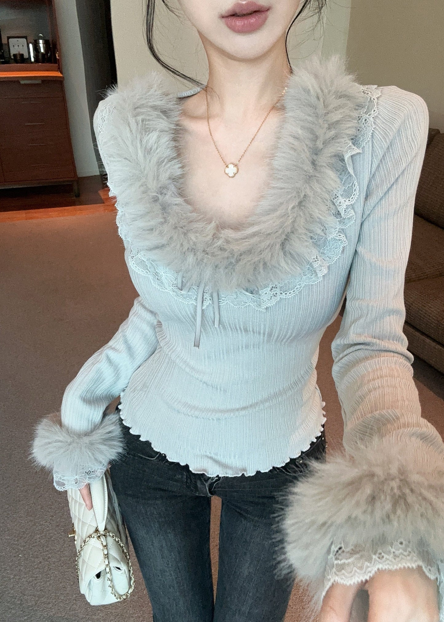 Apricot Fur Lace Patchwork Knit Top Spring