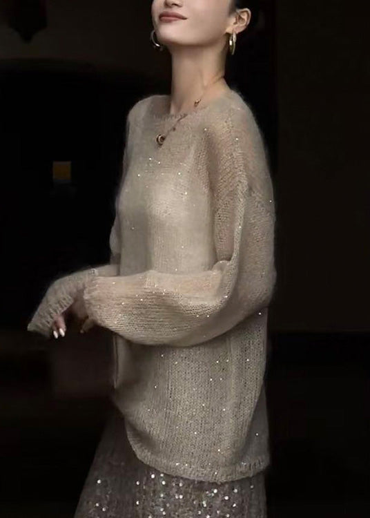 Champagne Color O Neck Sequins Thin Knit Top Fall