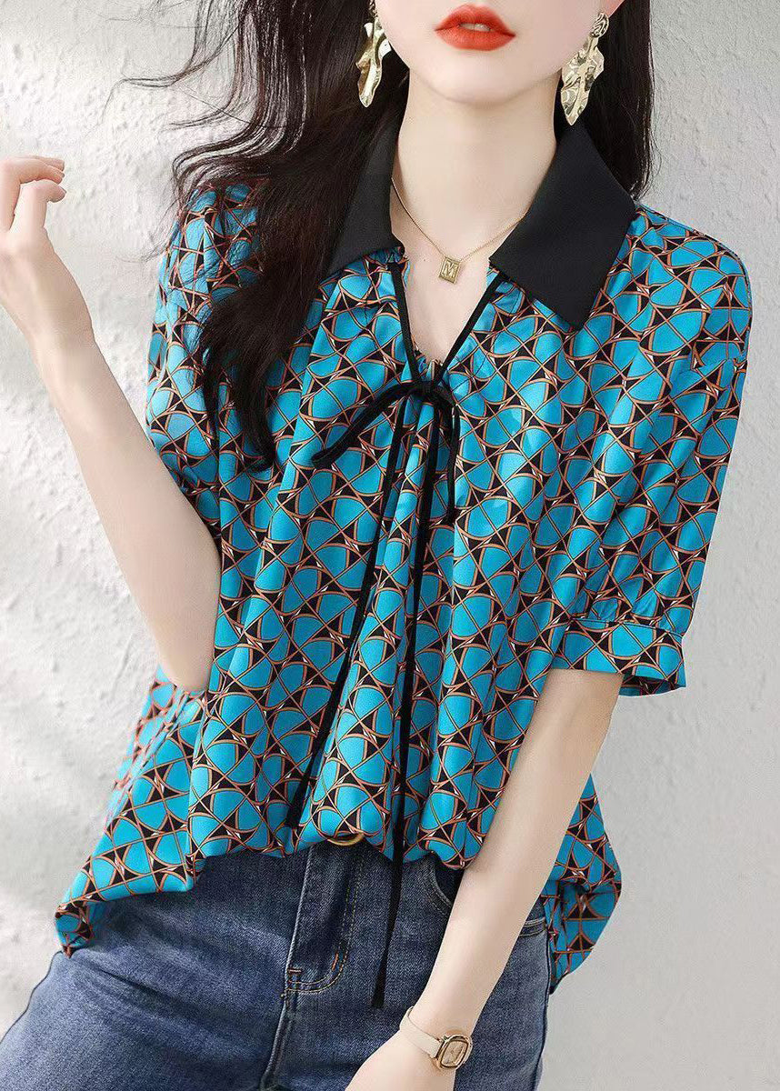Natural Blue Peter Pan Collar Print Silk Shirts Summer