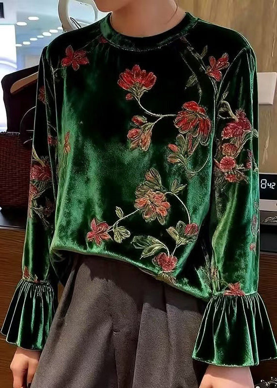 Green O Neck Print Patchwork Velour Blouses Spring