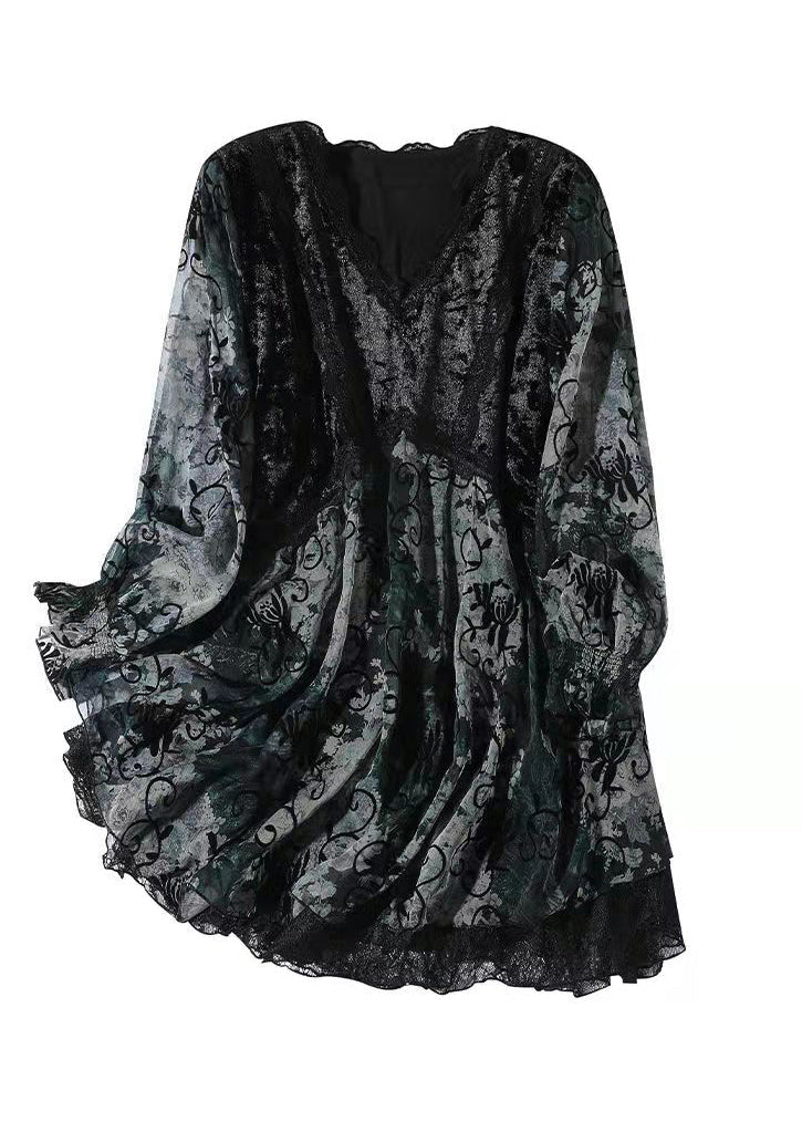 Slim Fit Black V Neck Velour Patchwork Layered Chiffon Tops Long Sleeve