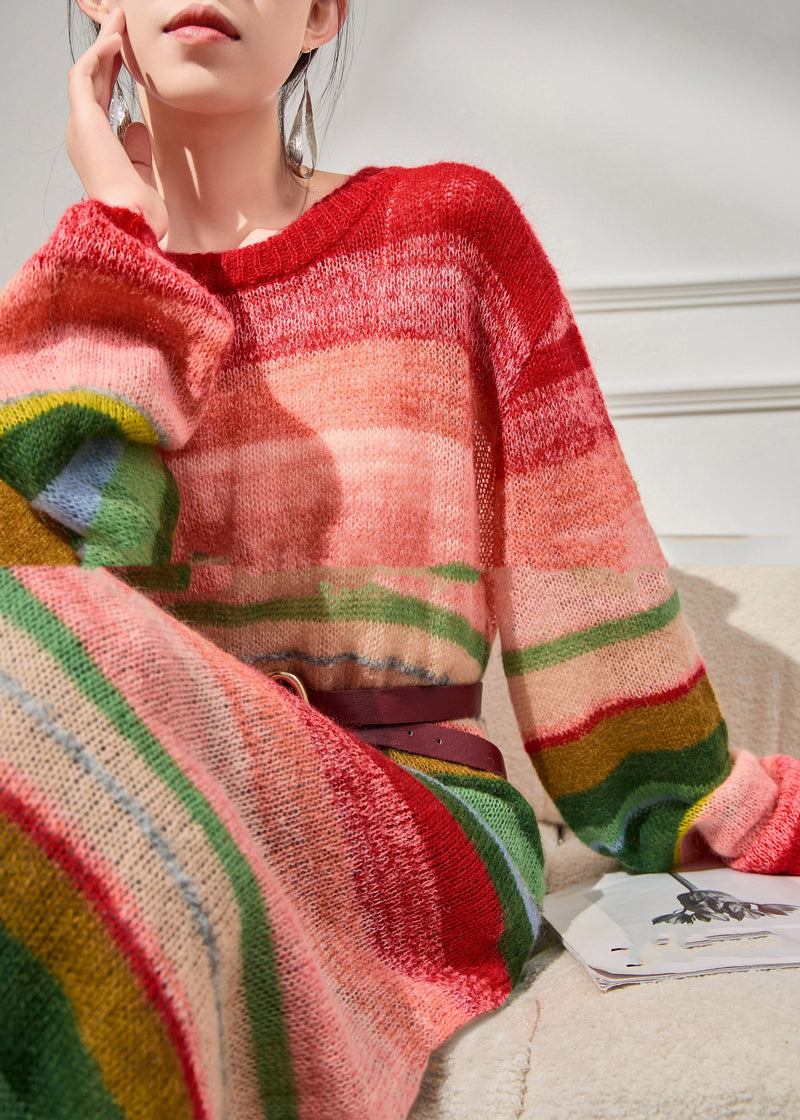 French Red O-neck Striped Sashes Knitted Cotton Thread Long Dress Winter