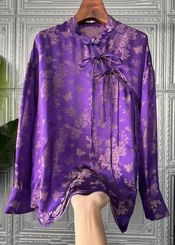 Purple Print Lace Up Patchwork Silk Shirts Long Sleeve