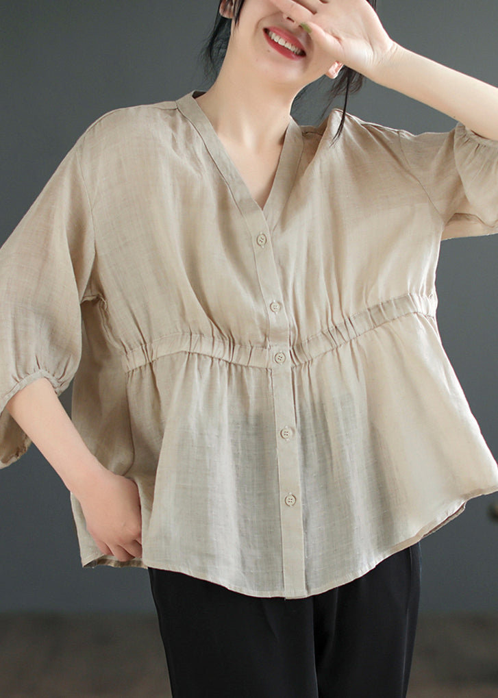 Light Camel V Neck Button Linen Blouses Summer