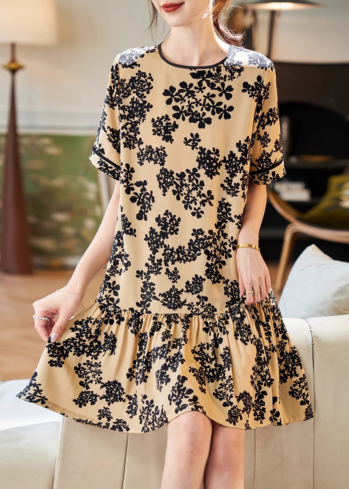 Apricot O-neck Print Patchwork Chiffon Mid Dress Summer