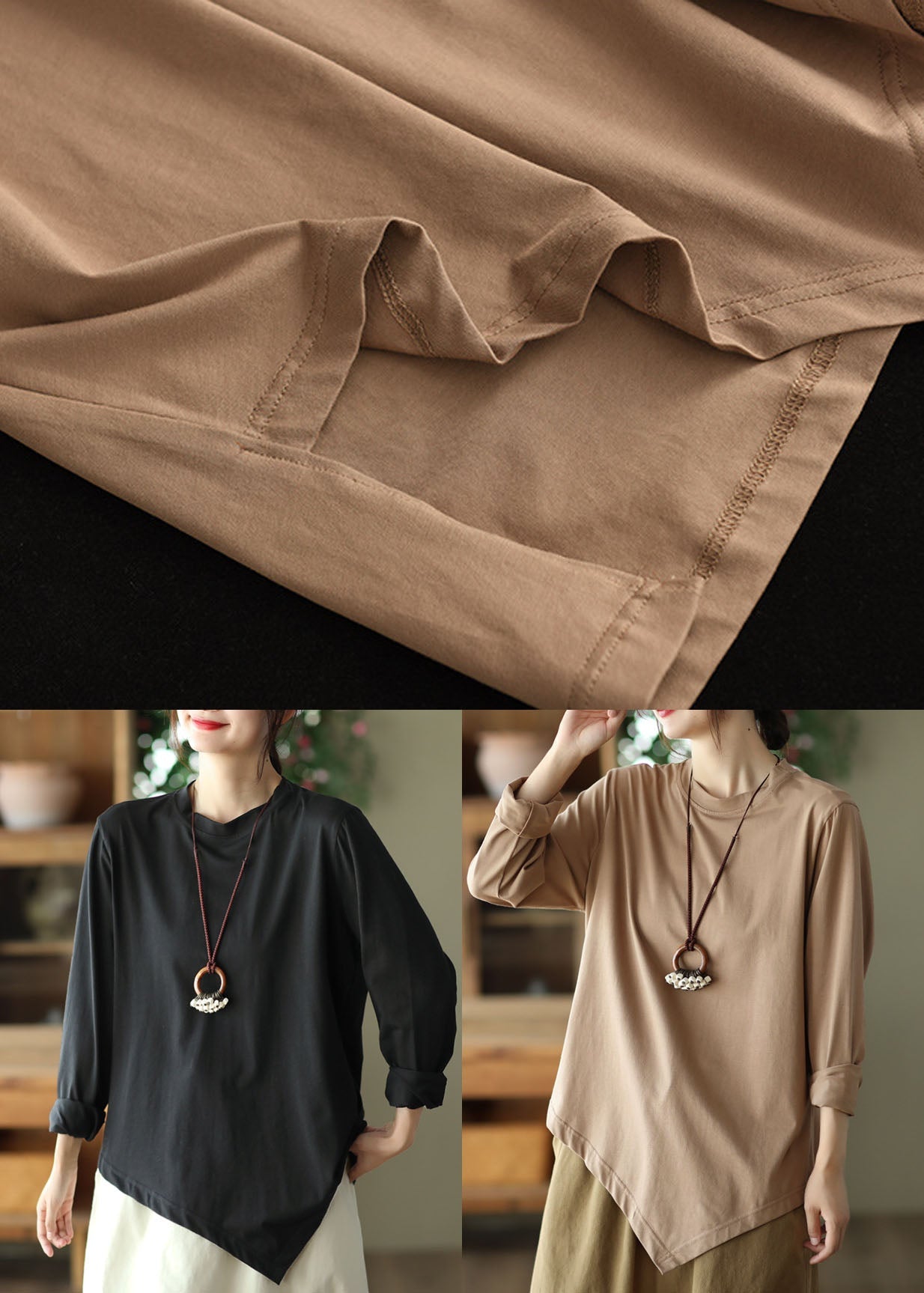 French Black O-neck Asymmetrical Cotton Shirt Top Spring