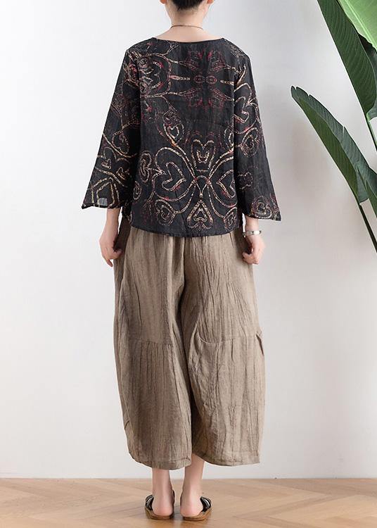 Black Print Asymmetrical Designlinen Summer Tops