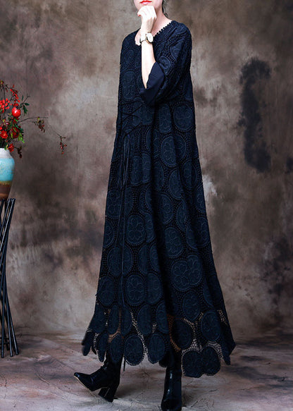 Comfy Navy O-necktie Waist Lace Fall Long Sleeve Holiday Dress