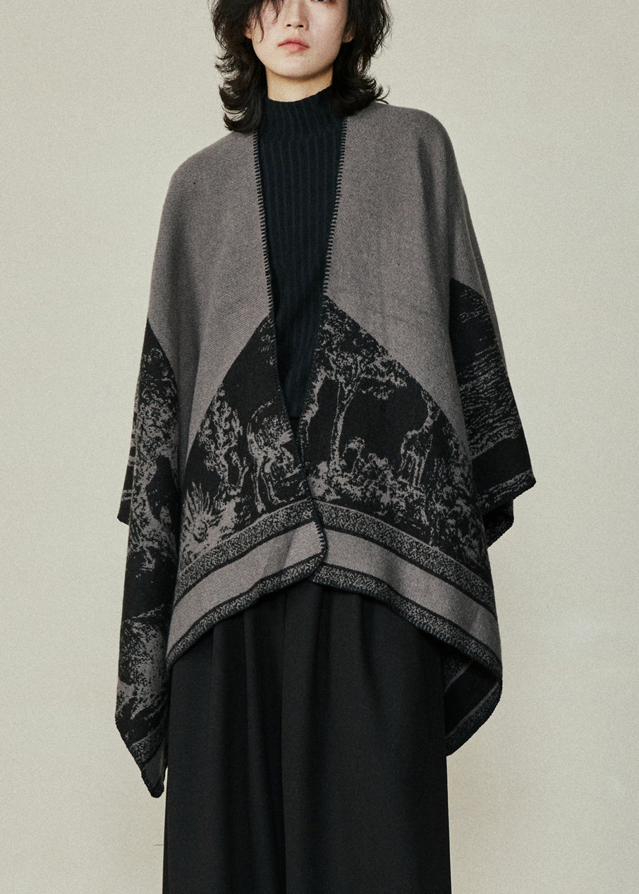 Organic Black V Neck Print Cotton Knit Shawl Coats Fall
