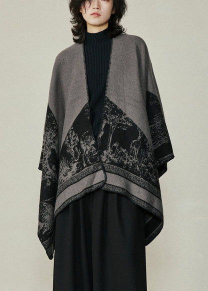 Organic Black V Neck Print Cotton Knit Shawl Coats Fall