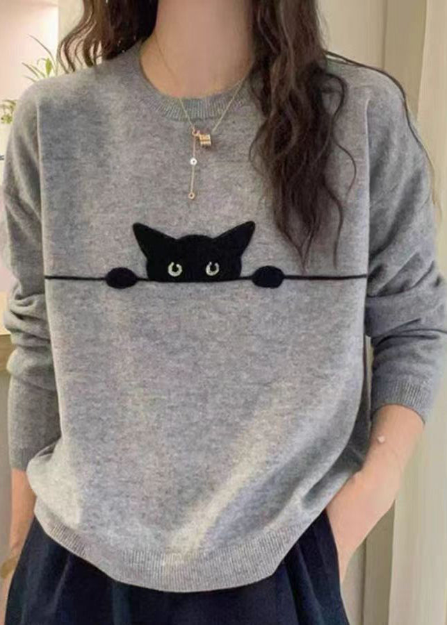 Grey O-neck Embroidered Cotton Knit Sweater Spring