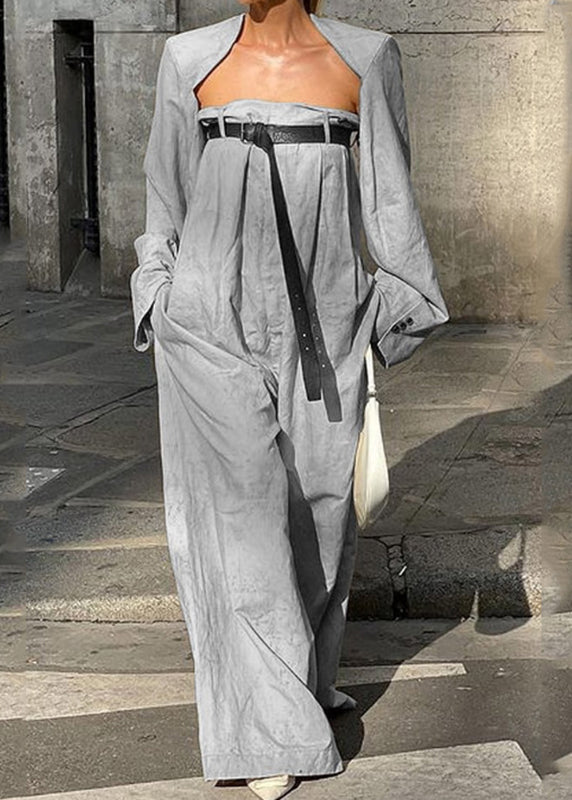Camel Patchwork Sashes Jumpsuits Flare Sleeve