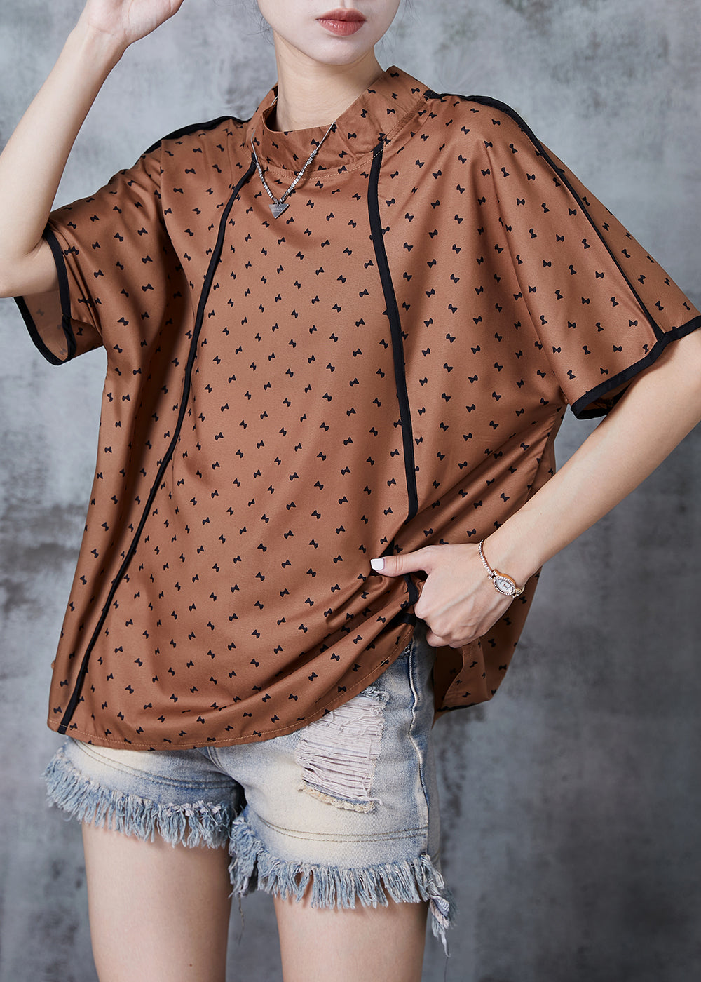 Brown Stand Collar Print Cotton Tanks Summer
