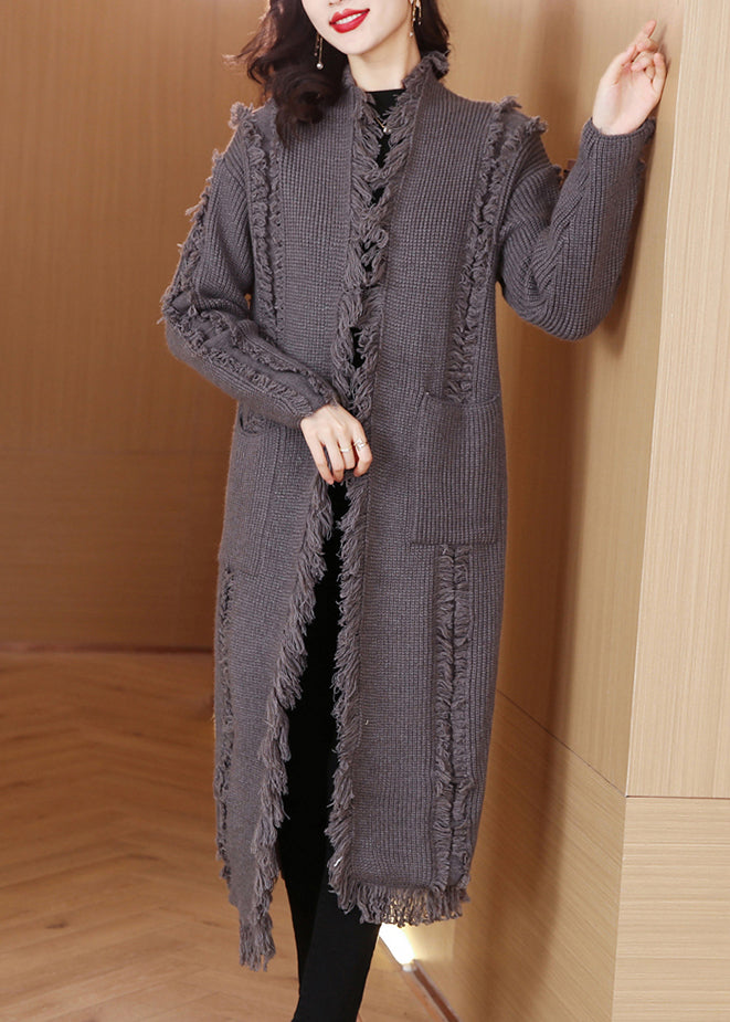 Grey Tasseled Pockets Knit Cardigan Winter