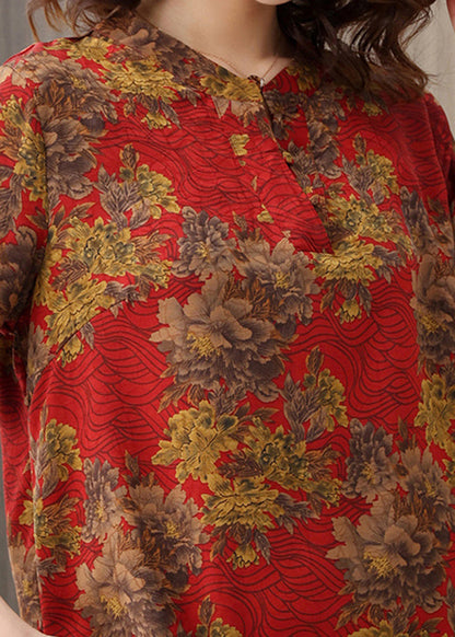 Red O-neck Print Silk Shirts Short Sleeve