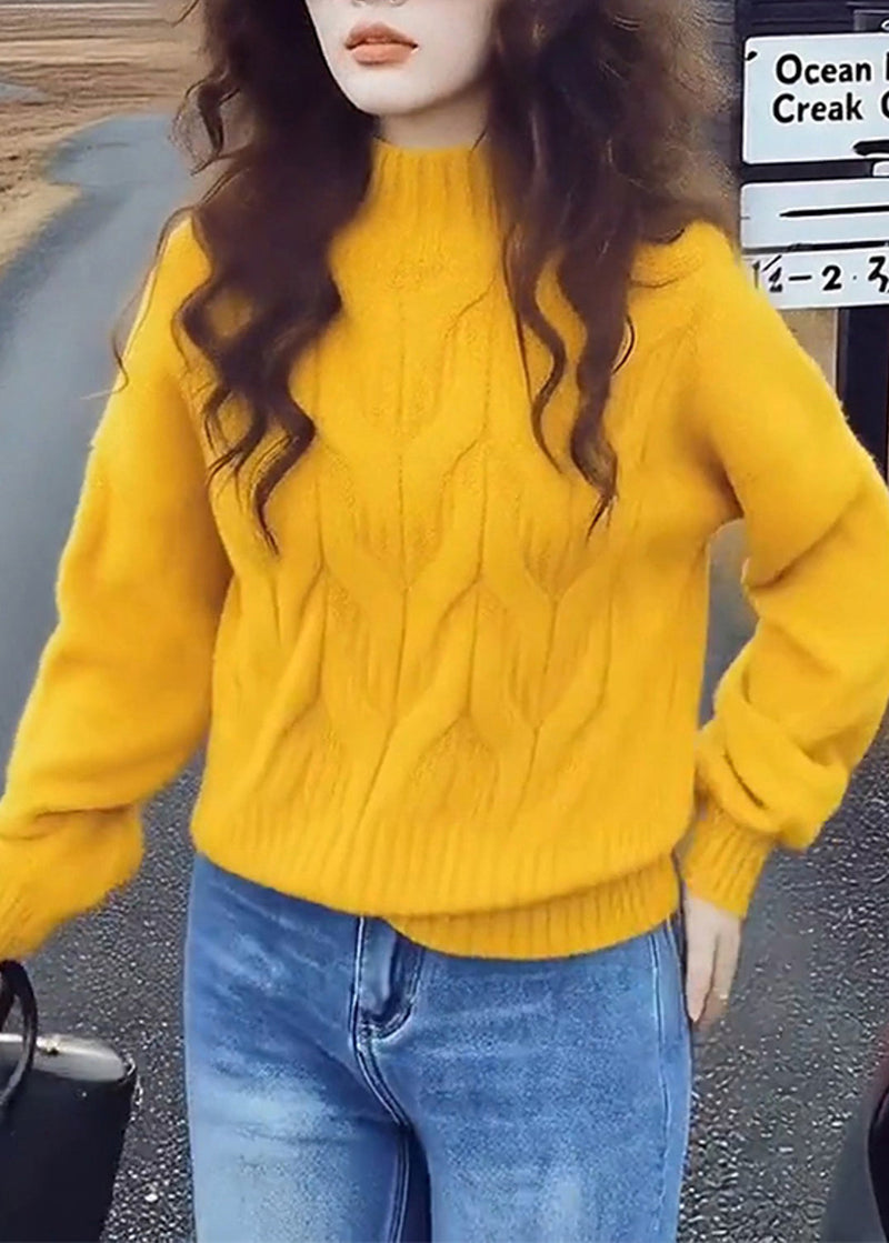 Simple Yellow Stand Collar Cable Knit Short Sweater Spring