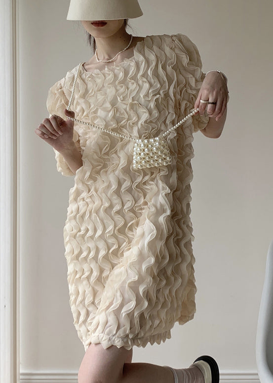 Apricot Patchwork Tulle Mid Dress Ruffled O-neck Puff Sleeve Summer