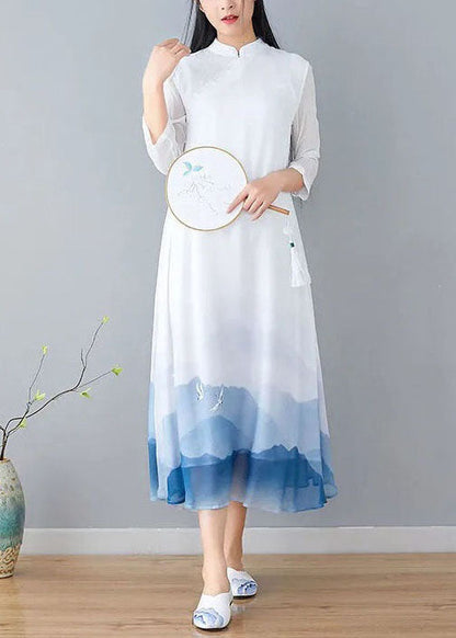 White Stand Collar Patchwork Print Silk Dress Summer