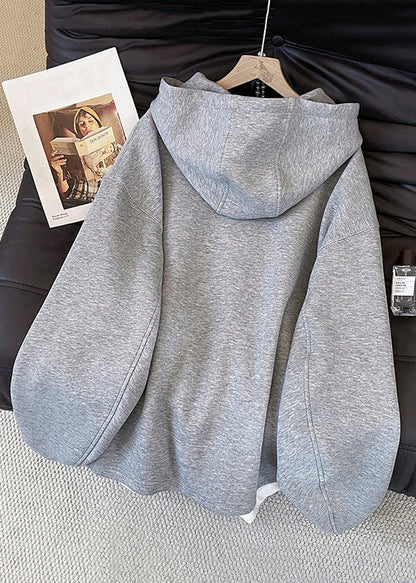 Grey Hooded Zippered False Two Pieces Cotton Sweatshirts Top Fall