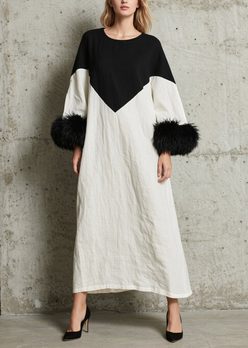 Unique White Black Patchwork Faux Fur Cotton a Line Dress Fall