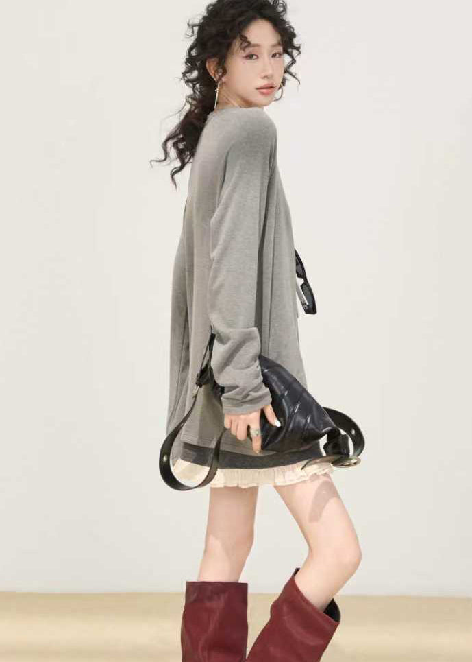 Loose Grey O-neck Tie Dye Cotton Shirt Spring