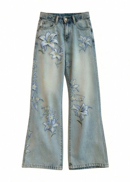 Blue Embroidered Denim Wide Leg Pants Spring