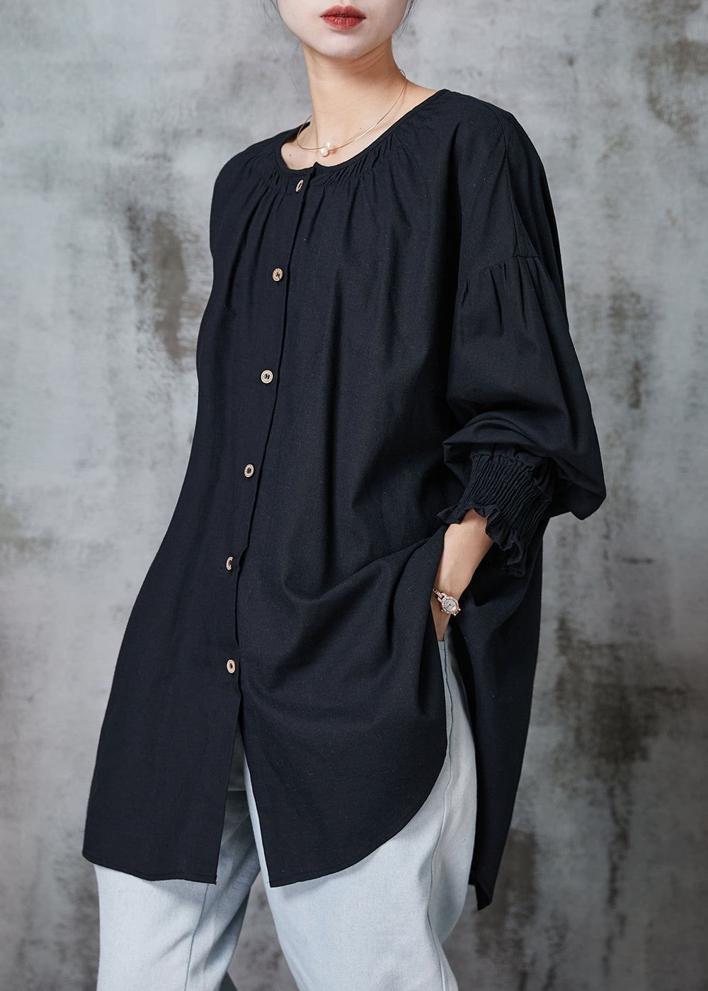 Black Oversized Cotton Shirts O-neck Lantern Sleeve