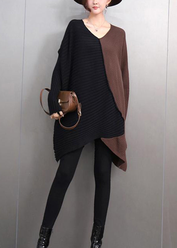 Brown V Neck Asymmetrical Thick Cotton Knitted Sweater Tops Winter
